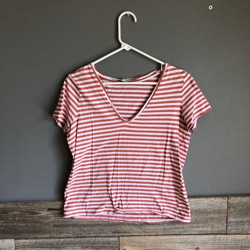 Pink and white striped v neck